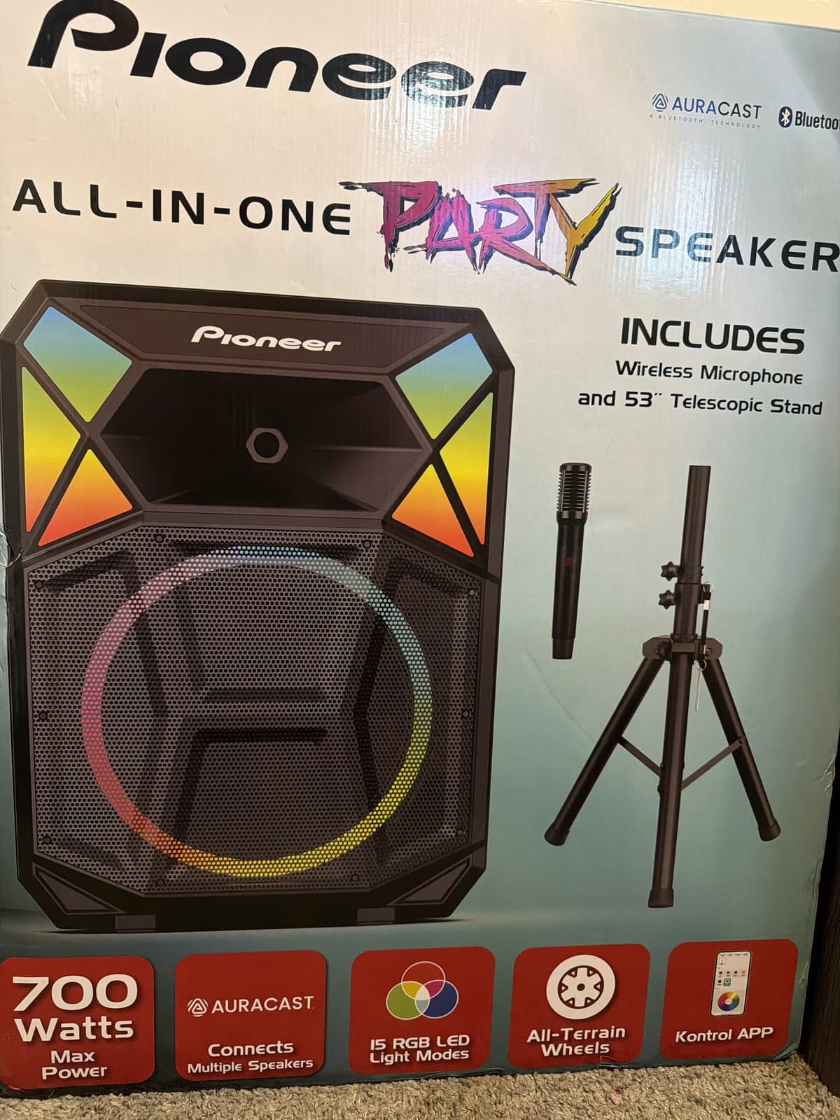 Pioneer 700W all-in-one party speaker with wireless microphone and telescopic stand