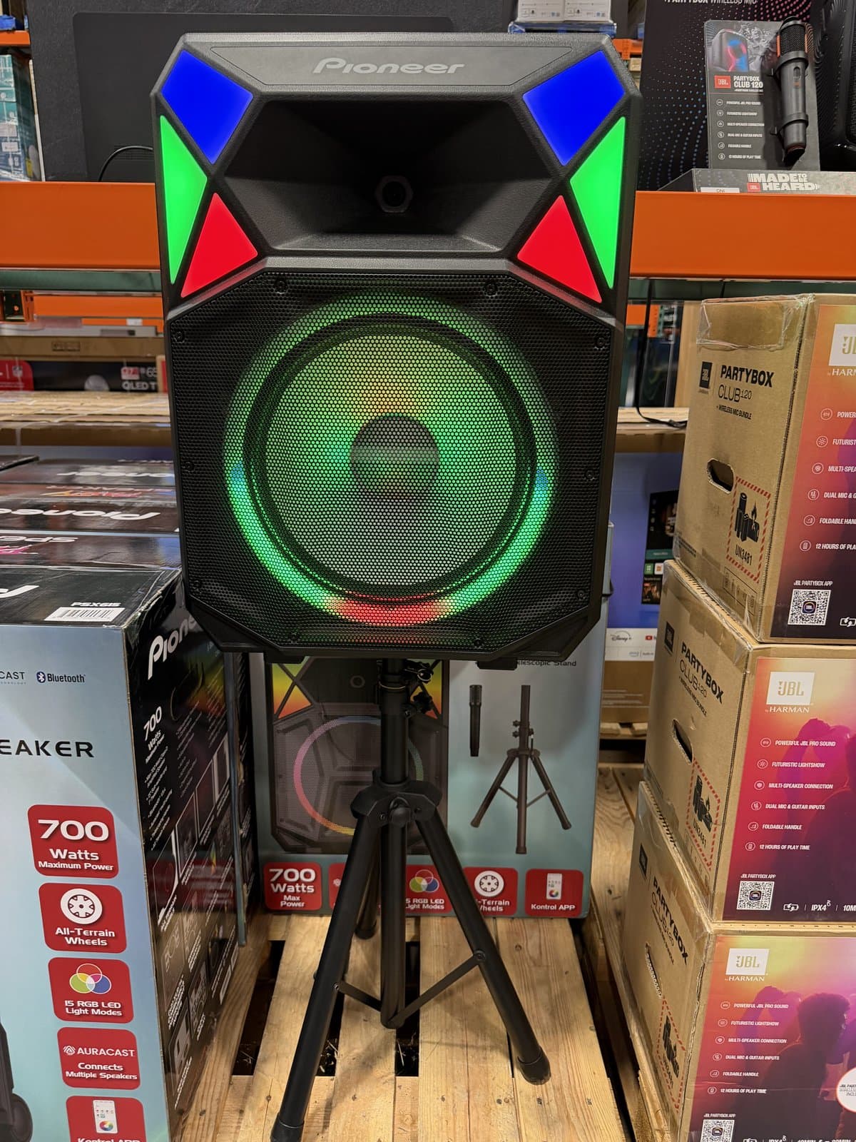 Pioneer all-in-one party speaker with RGB lights on a telescopic stand